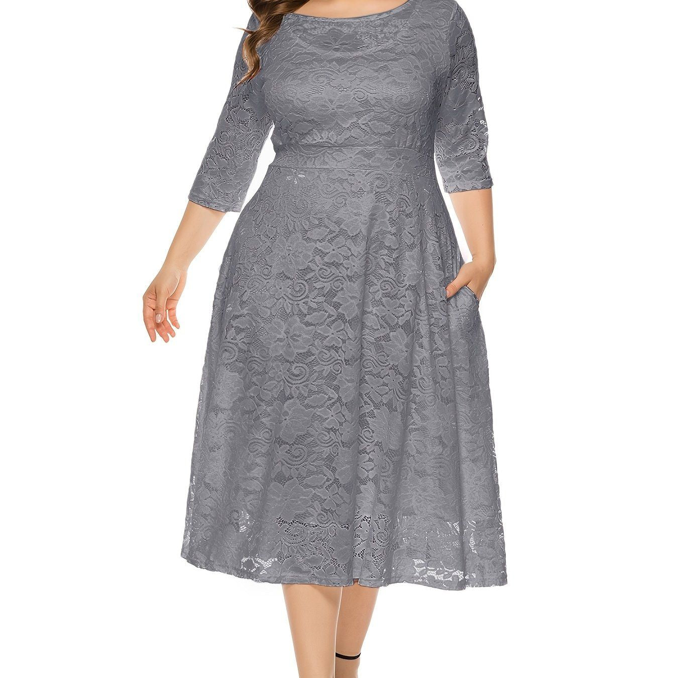 Size Contrast Lace Half Sleeve Semi Sheer Midi Prom Dress; Women's Elegant Party Dress For Wedding