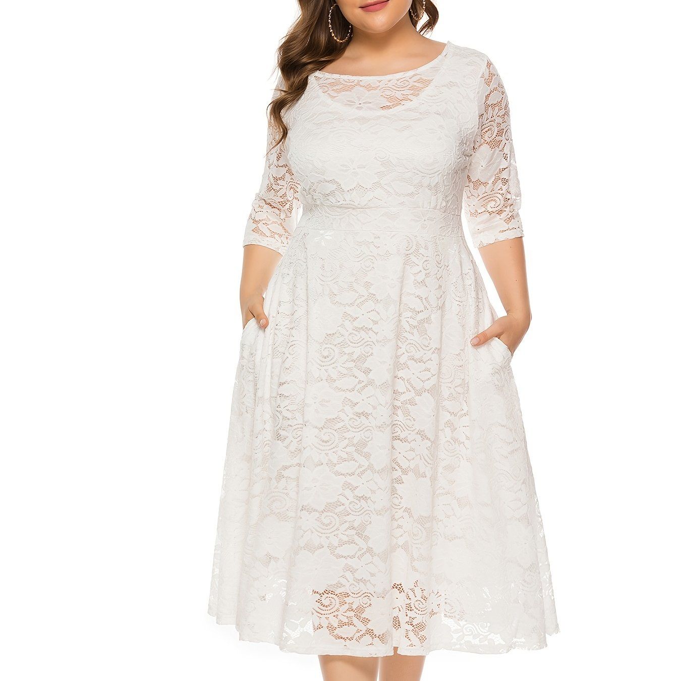 Size Contrast Lace Half Sleeve Semi Sheer Midi Prom Dress; Women's Elegant Party Dress For Wedding