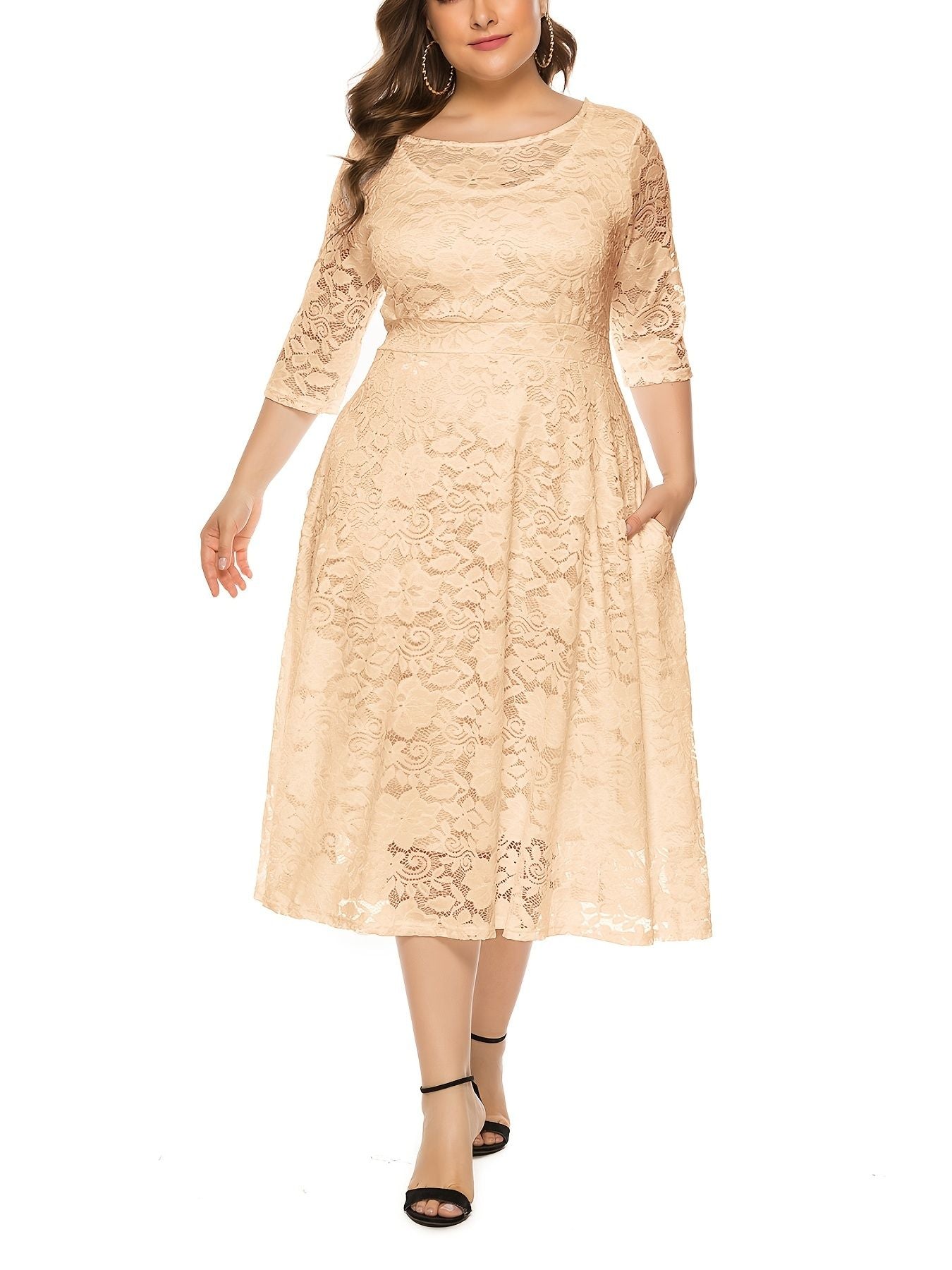Size Contrast Lace Half Sleeve Semi Sheer Midi Prom Dress; Women's Elegant Party Dress For Wedding