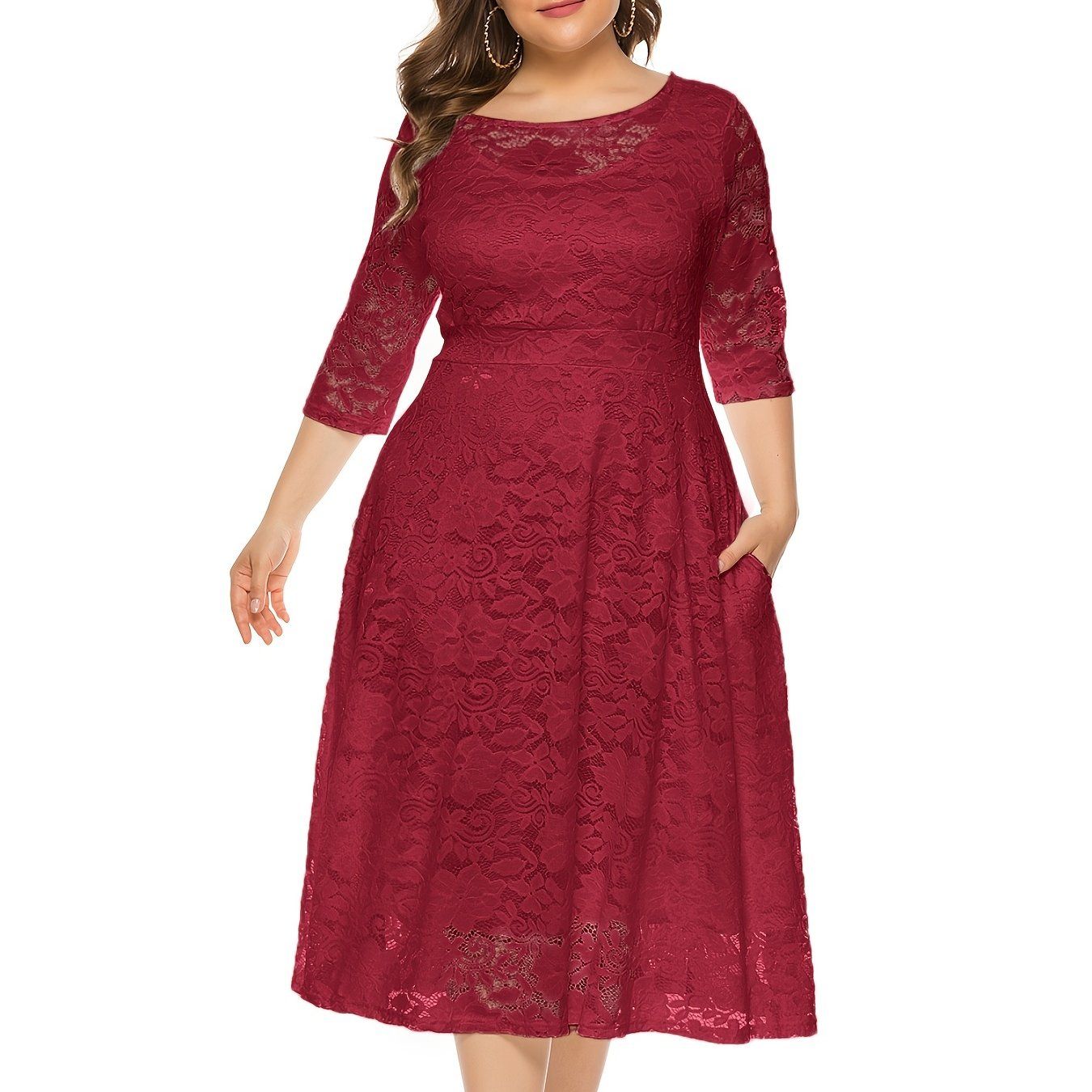 Size Contrast Lace Half Sleeve Semi Sheer Midi Prom Dress; Women's Elegant Party Dress For Wedding