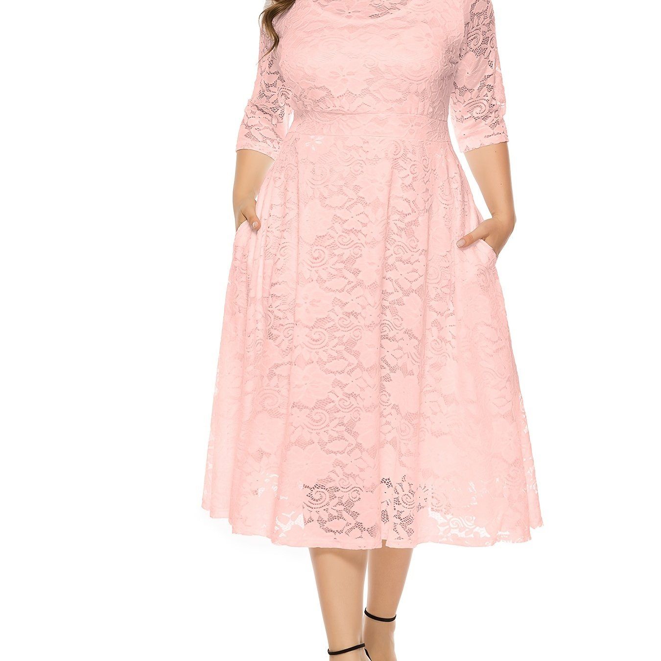 Size Contrast Lace Half Sleeve Semi Sheer Midi Prom Dress; Women's Elegant Party Dress For Wedding