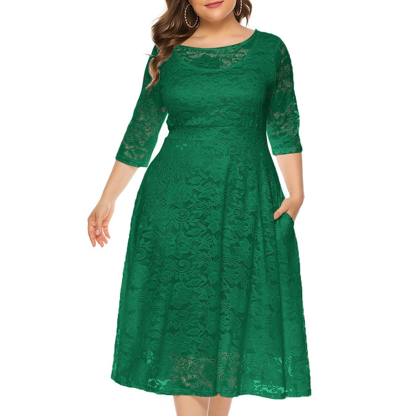 Size Contrast Lace Half Sleeve Semi Sheer Midi Prom Dress; Women's Elegant Party Dress For Wedding