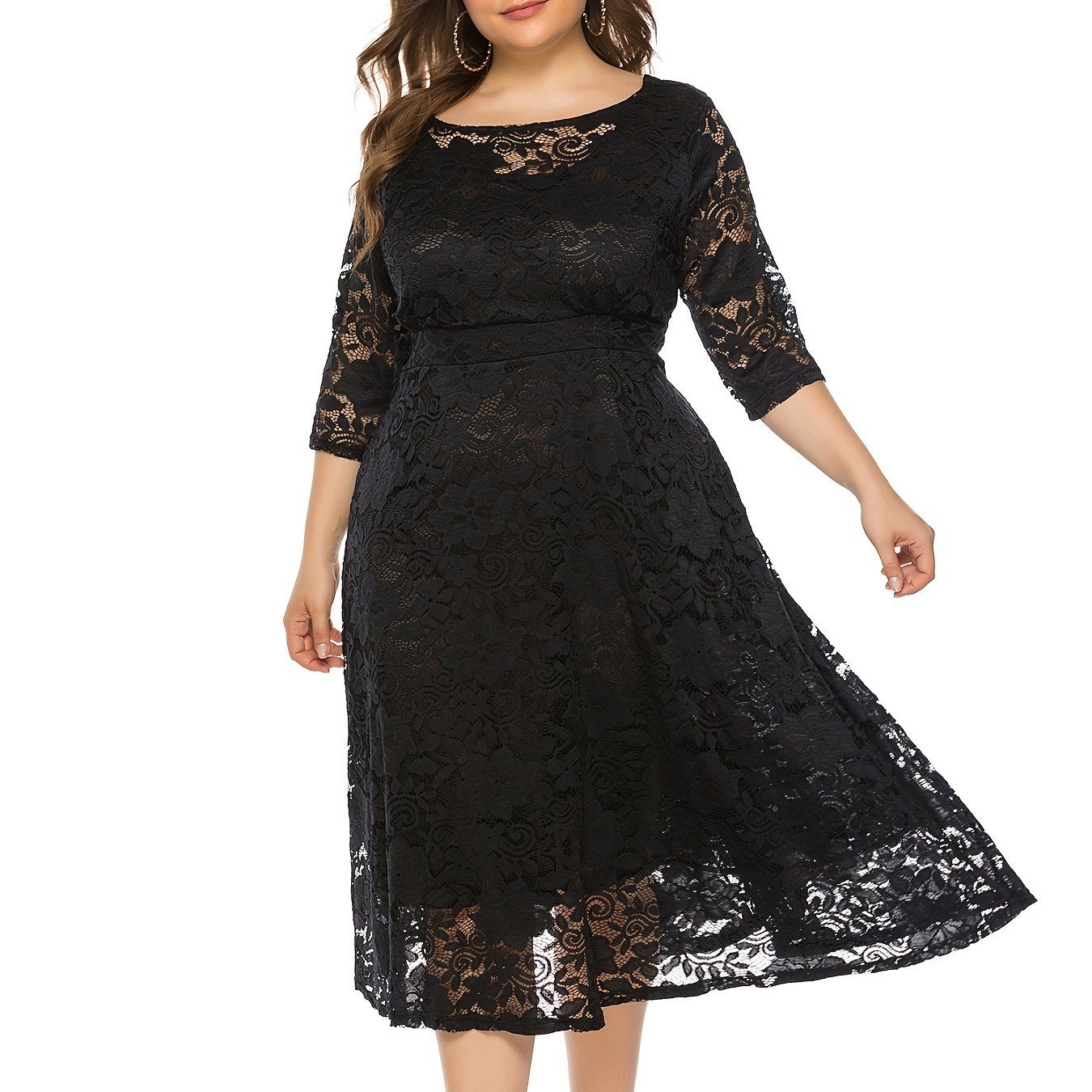 Size Contrast Lace Half Sleeve Semi Sheer Midi Prom Dress; Women's Elegant Party Dress For Wedding