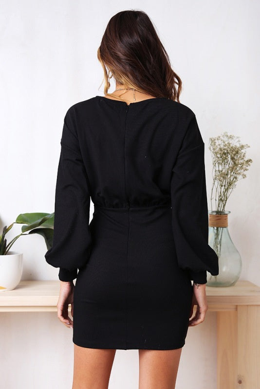 Europe and the United States hot back zipper round neck waist lantern long-sleeved solid color dress