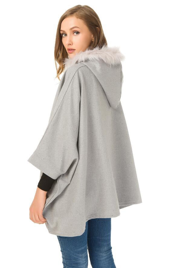 European and American autumn and winter women's coats wool-like cloak big fur collar coat