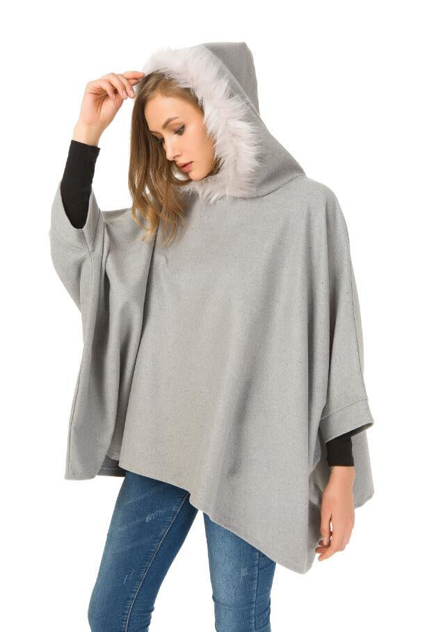 European and American autumn and winter women's coats wool-like cloak big fur collar coat
