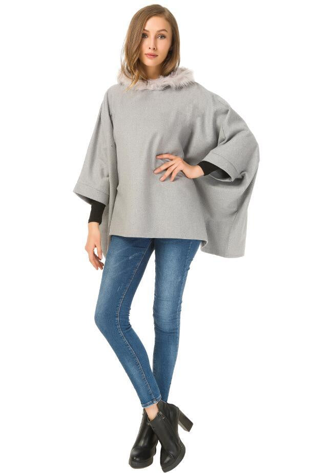 European and American autumn and winter women's coats wool-like cloak big fur collar coat