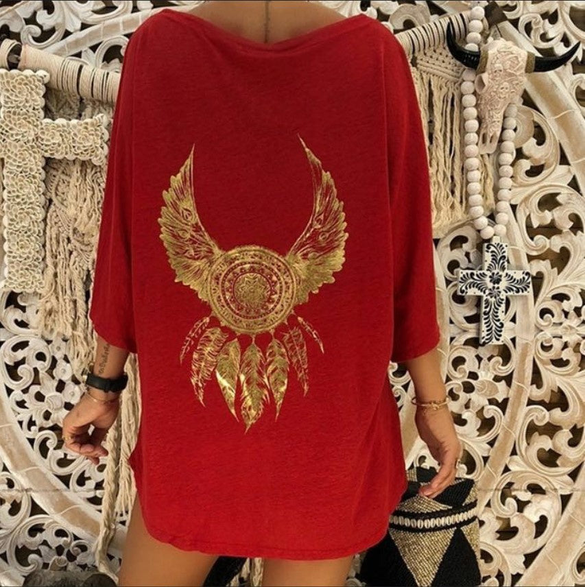 European and American style loose leisure back printing large V collar T-shirt