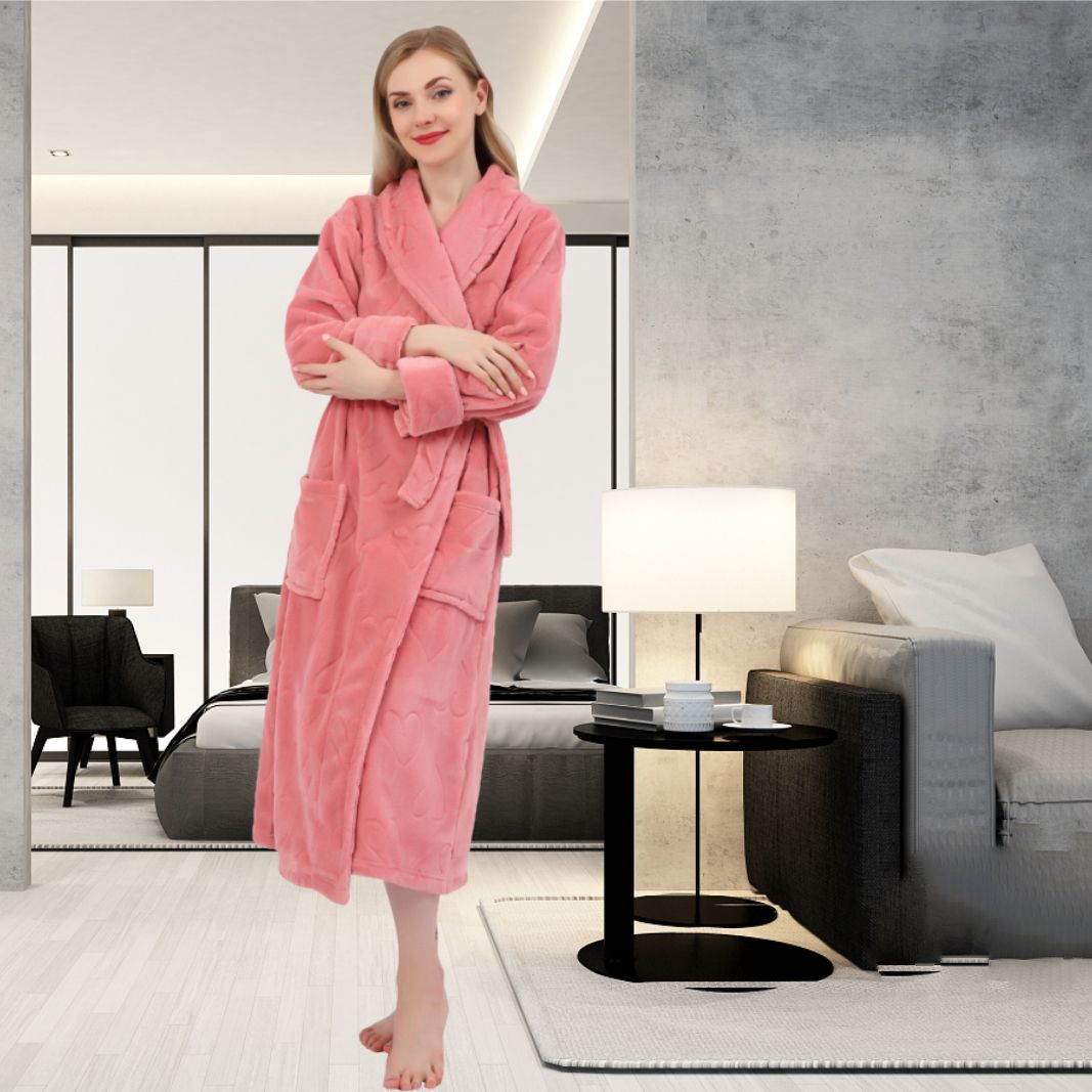 Women's Embossed Shaggy Fleece Robe Warm Plush Long Bathrobe for Women shawl collar nightgown