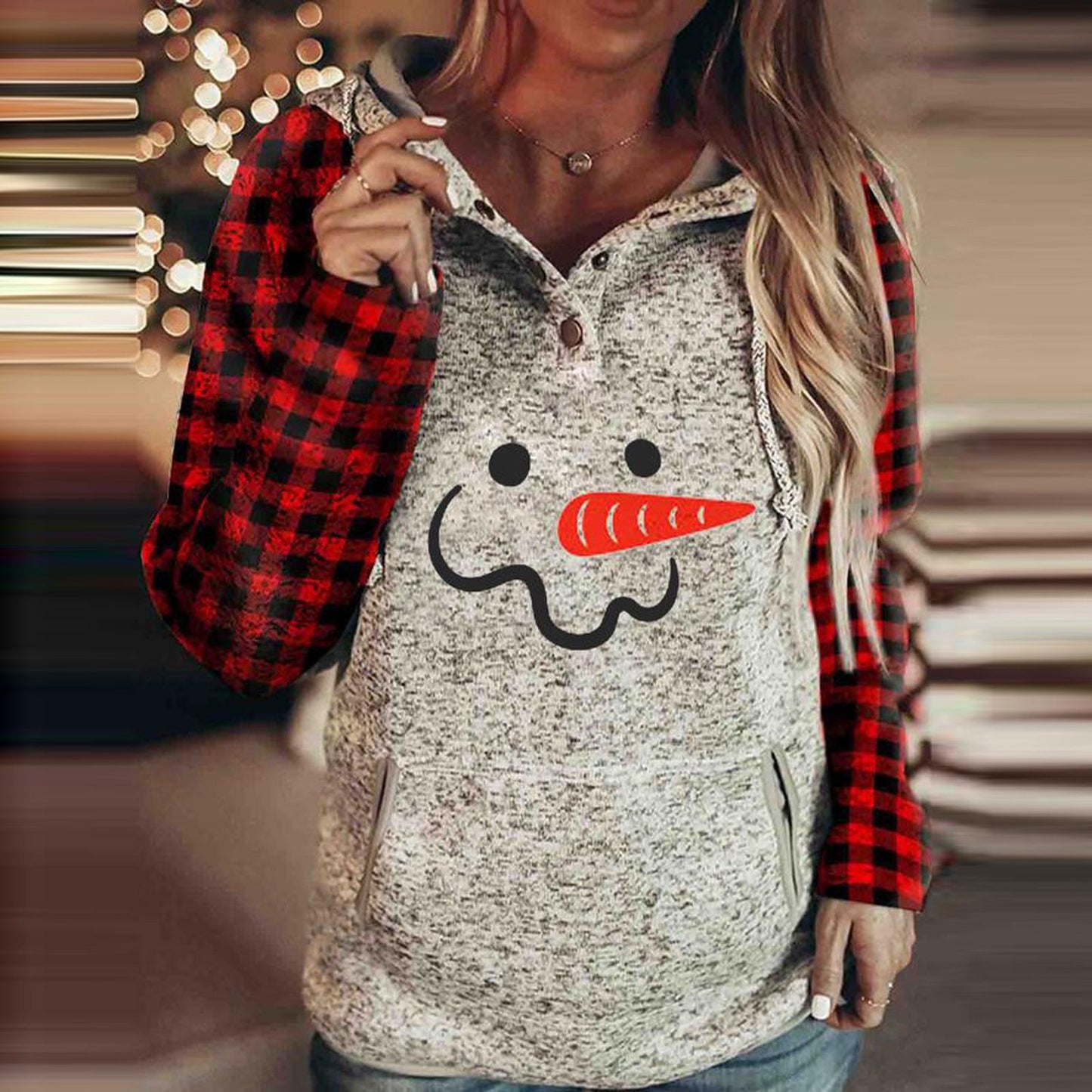 Christmas Women's Sweater Christmas Print Plaid Stitching Hoodie