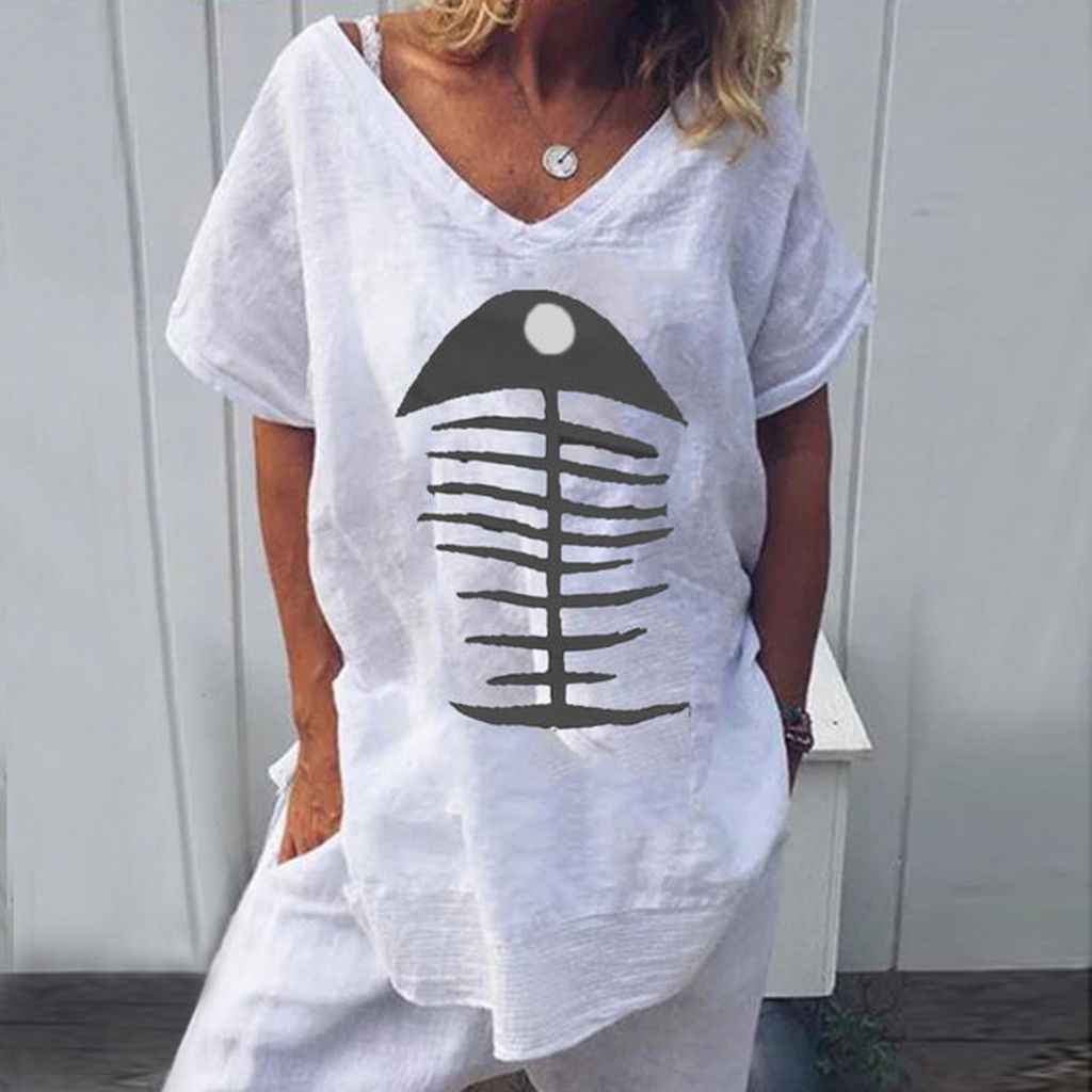 summer new casual women's shirt fish bone print V-neck loose short-sleeved T-shirt