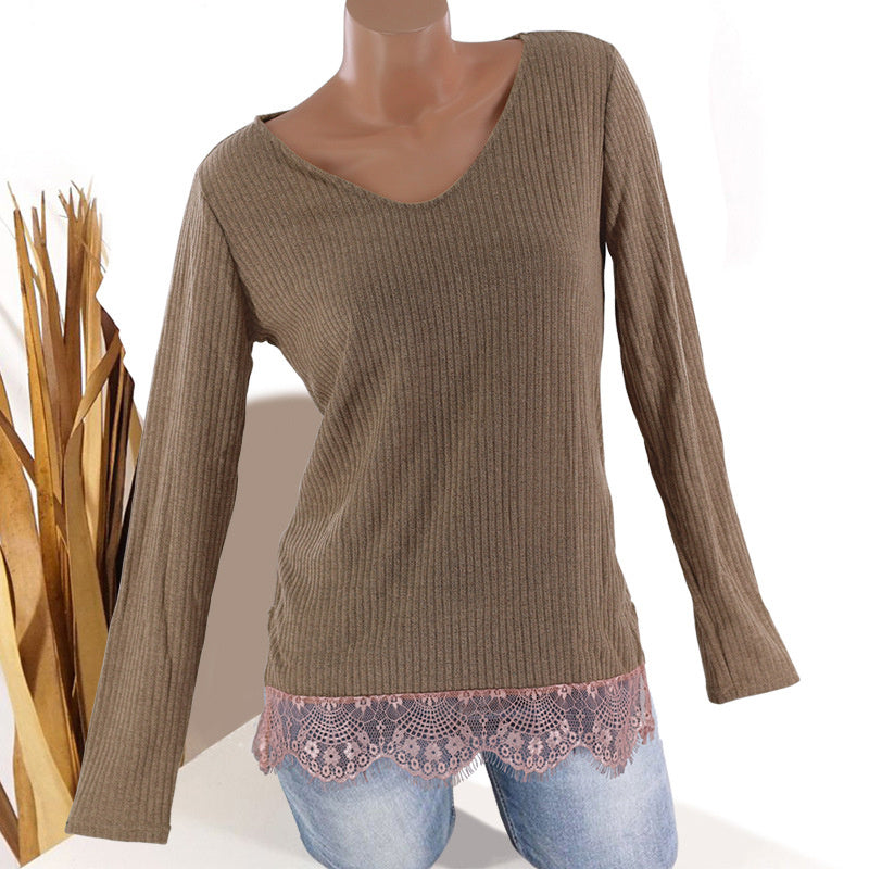 Women's autumn and winter new V-neck lace long-sleeved knit sweater