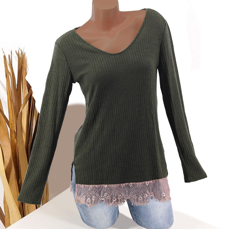 Women's autumn and winter new V-neck lace long-sleeved knit sweater