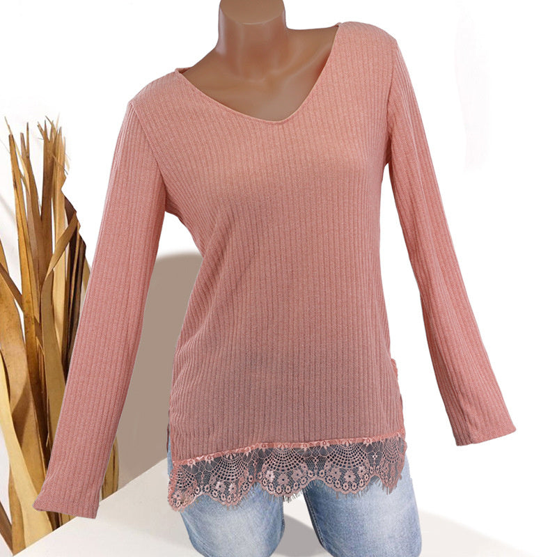 Women's autumn and winter new V-neck lace long-sleeved knit sweater