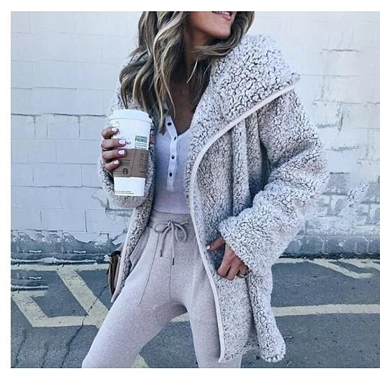 Women Curved Hem Longline Faux Fur Sherpa Fleece Coat