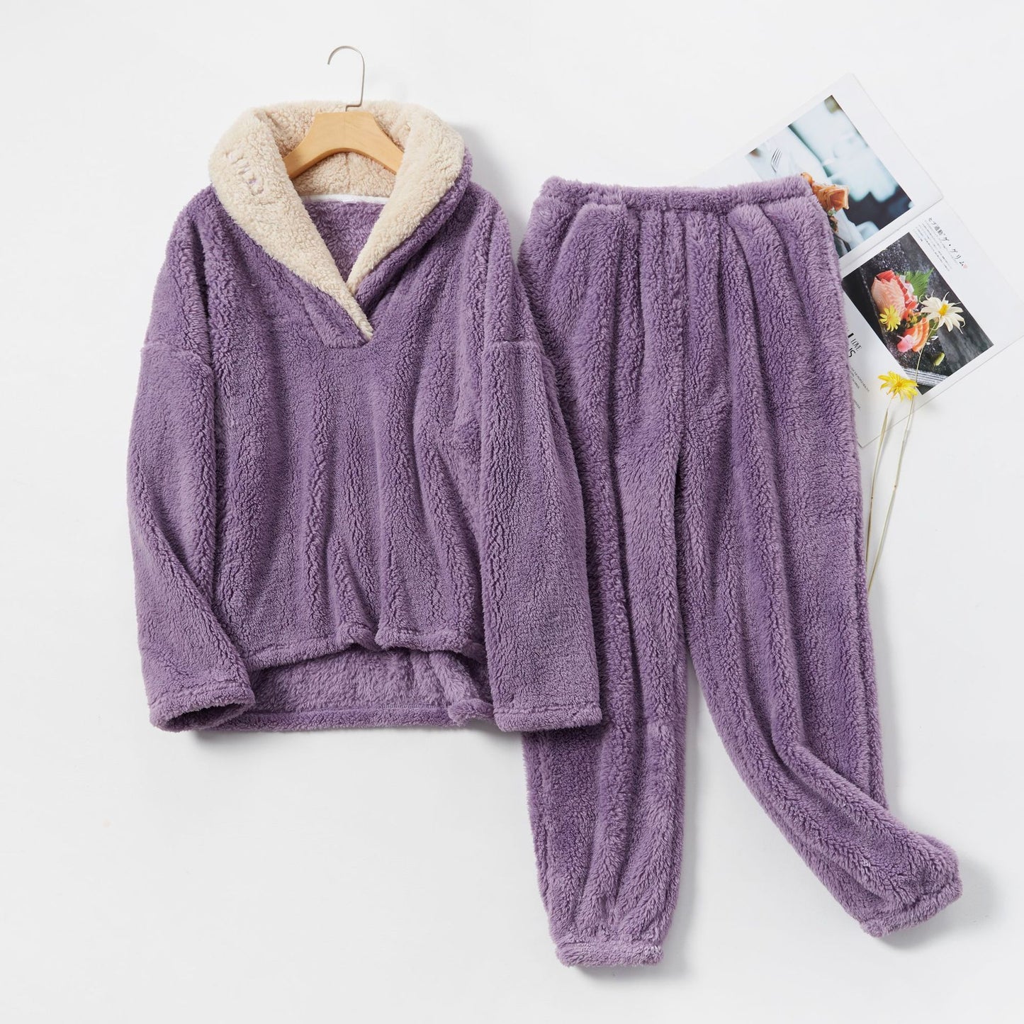 Women's Sherpa Fleece Pajamas Flannel Sleepwear Soft Pajamas Set Warm Loungewear 2 Piece Pjs Se