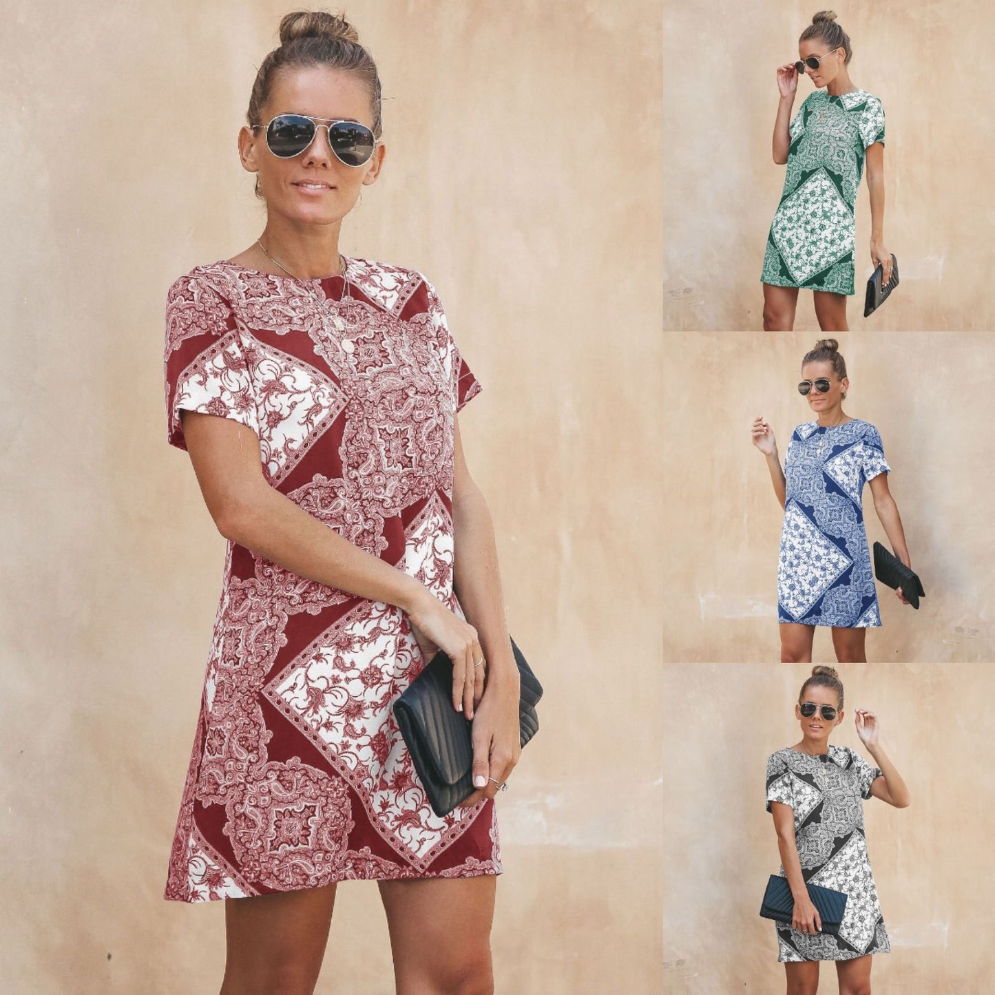 Spring and Summer New Women's Short Skirt Printed Casual Short-sleeved Dress