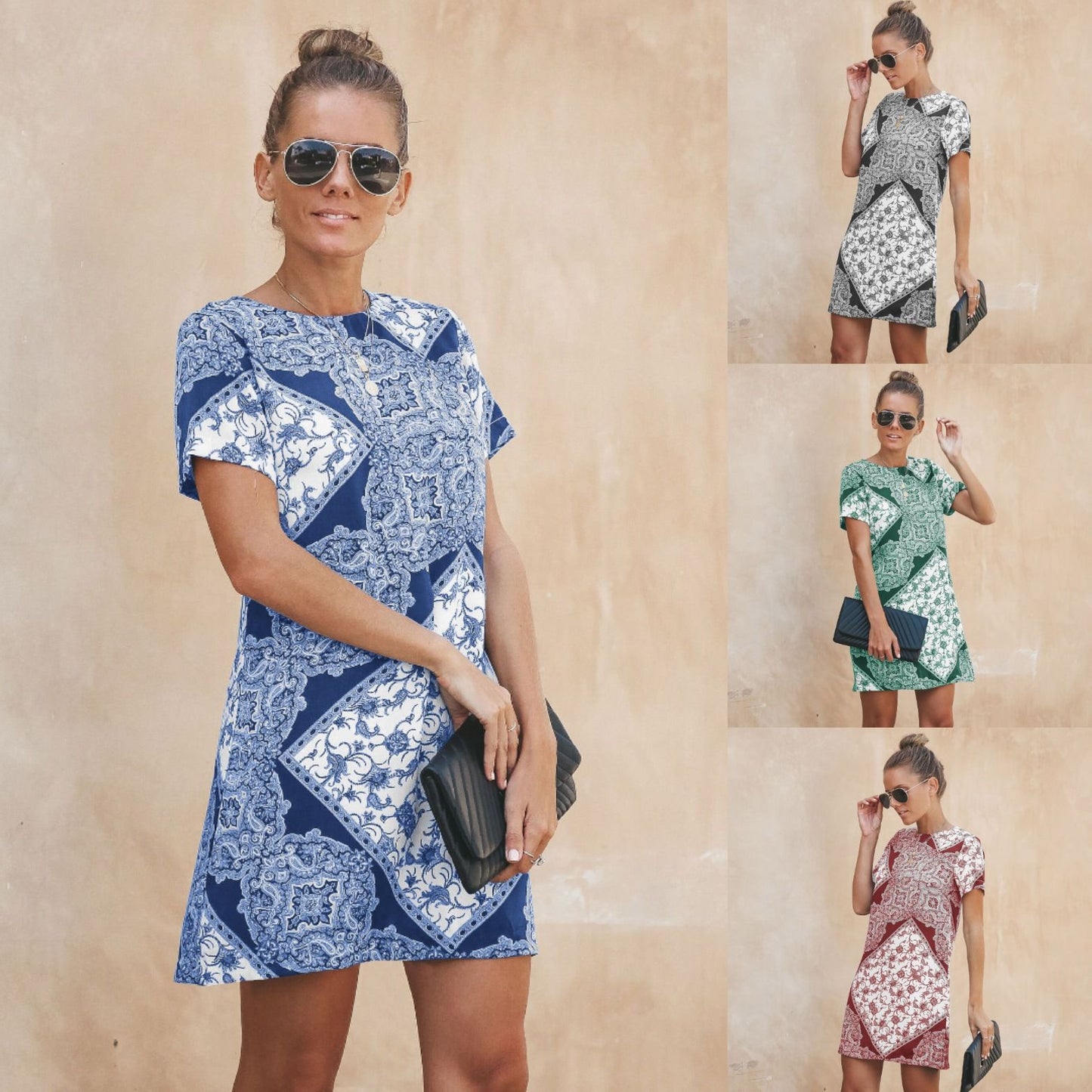 Spring and Summer New Women's Short Skirt Printed Casual Short-sleeved Dress