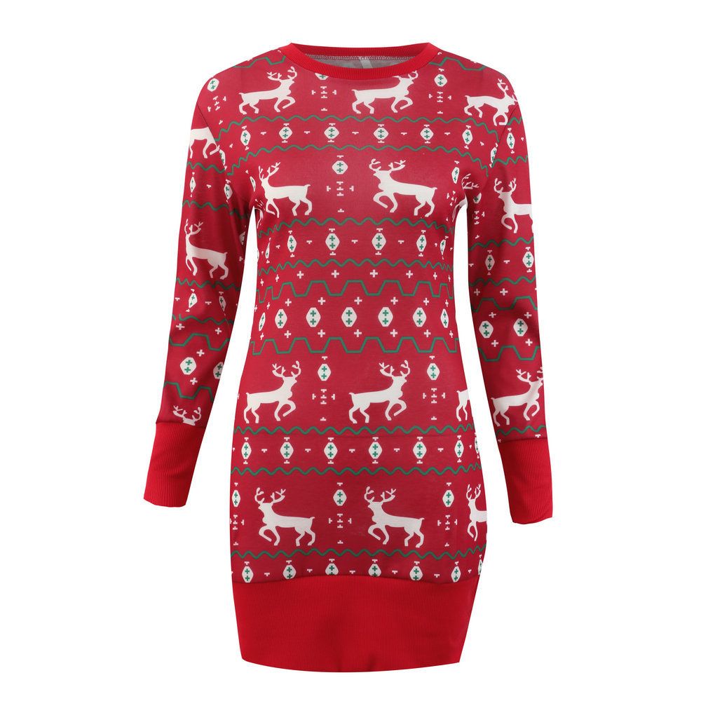 Autumn and Winter Hot Sale Dress Sexy Round Neck Christmas Print Long Sleeve Dress