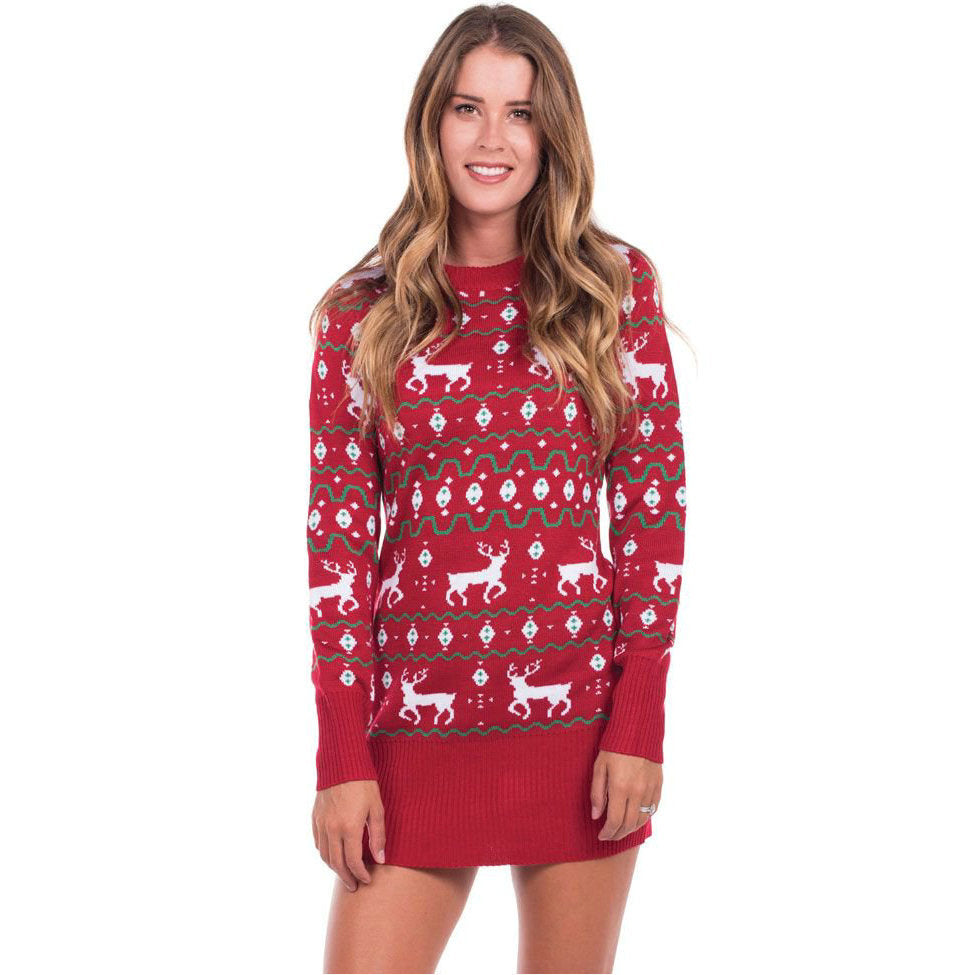 Autumn and Winter Hot Sale Dress Sexy Round Neck Christmas Print Long Sleeve Dress