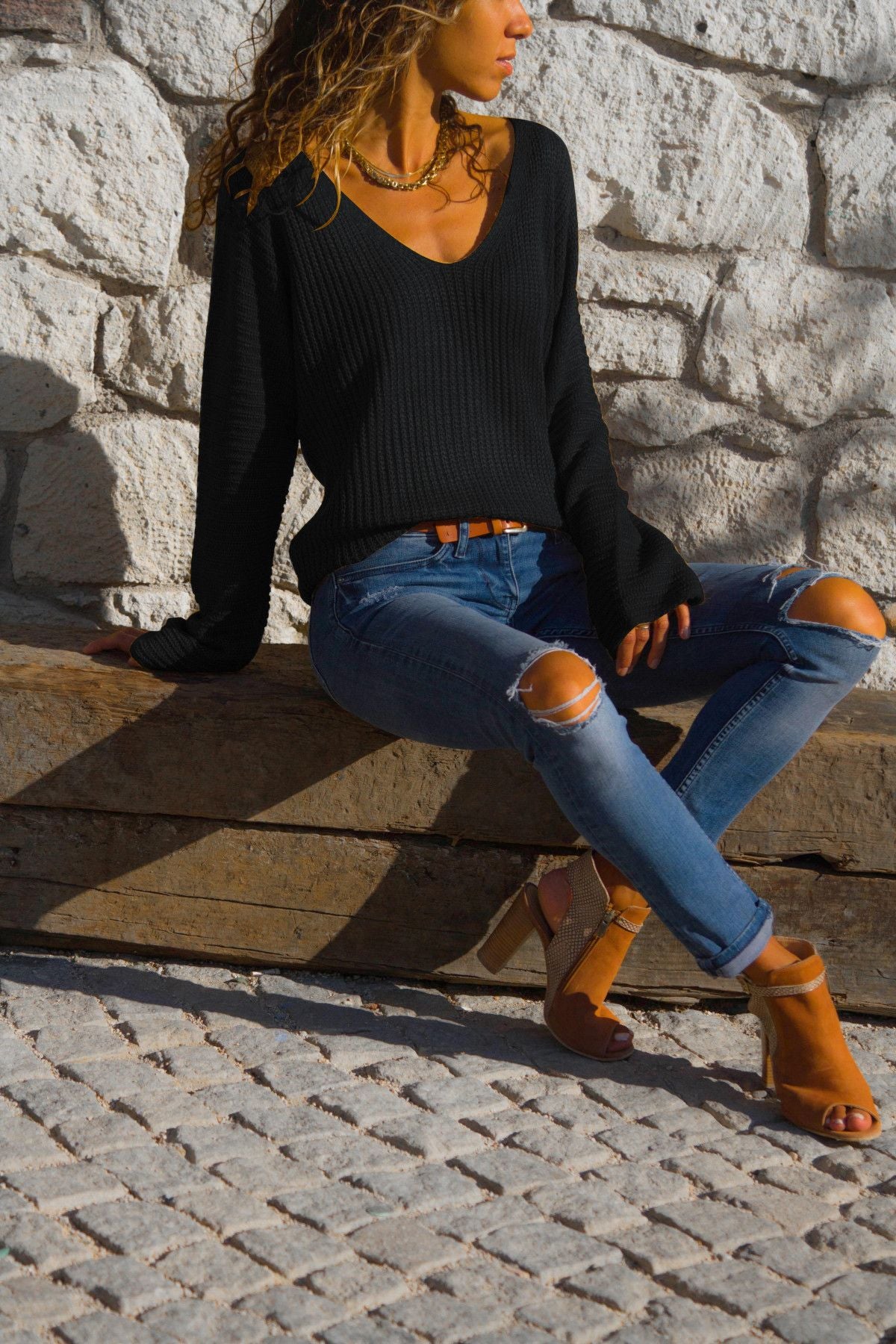 European and American fashion autumn and winter hot tops sexy V-neck loose long-sleeved comfortable tops