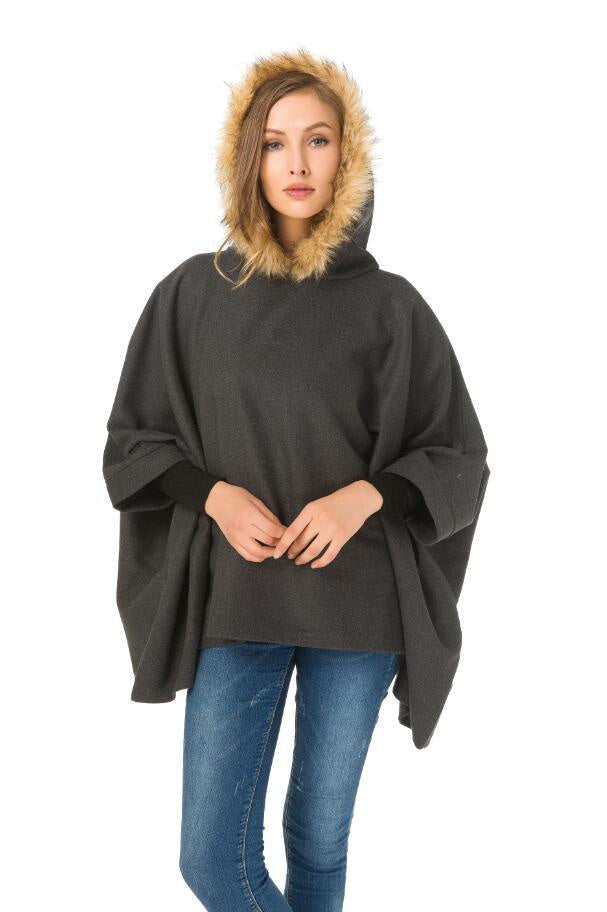 European and American autumn and winter women's coats wool-like cloak big fur collar coat