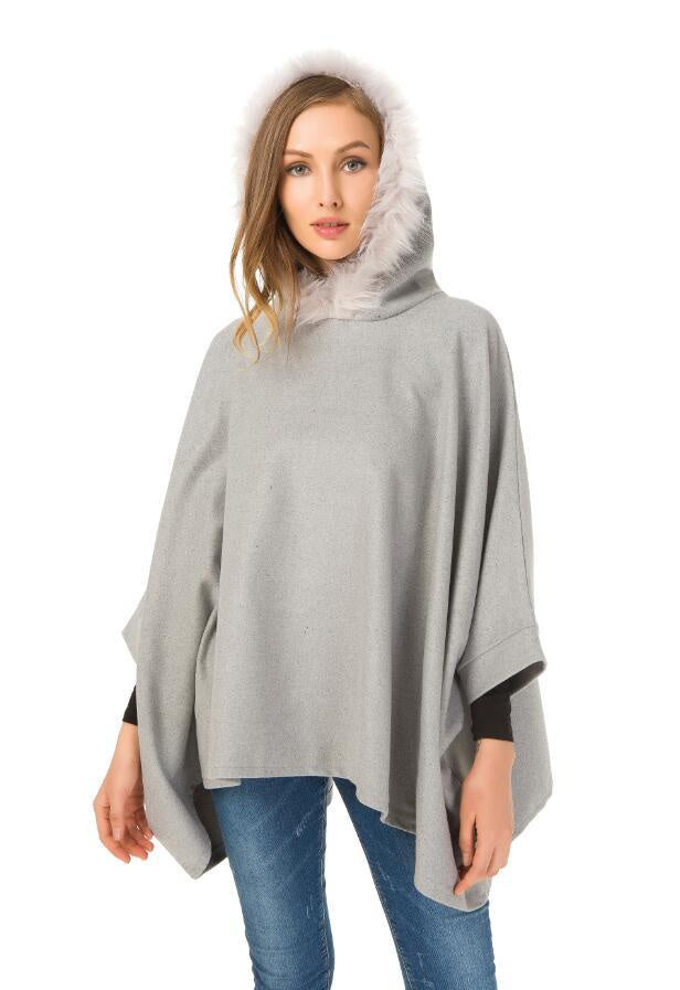 European and American autumn and winter women's coats wool-like cloak big fur collar coat