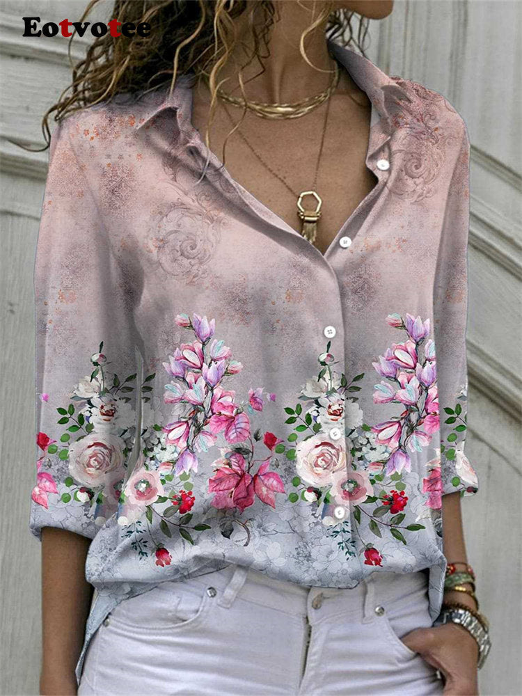 Print Elegant Shirts For Women Spring 2023 New Vintage Turn Down Collar Long Sleeve Blouses Office Ladies Casual Top