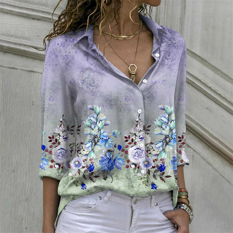 Print Elegant Shirts For Women Spring 2023 New Vintage Turn Down Collar Long Sleeve Blouses Office Ladies Casual Top