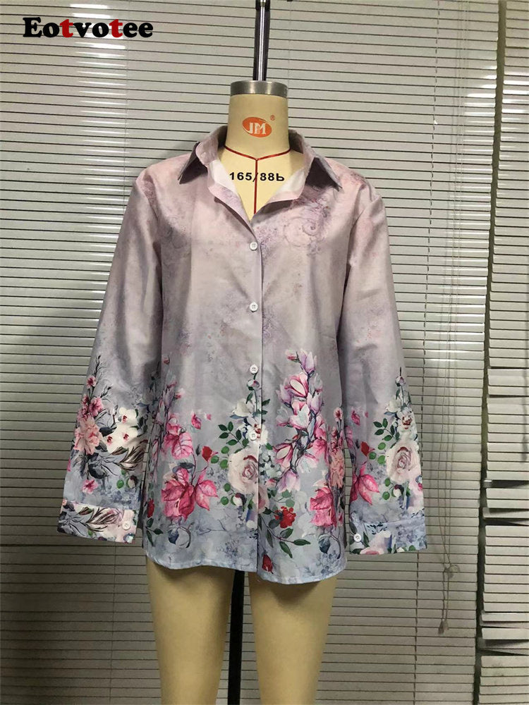 Print Elegant Shirts For Women Spring 2023 New Vintage Turn Down Collar Long Sleeve Blouses Office Ladies Casual Top