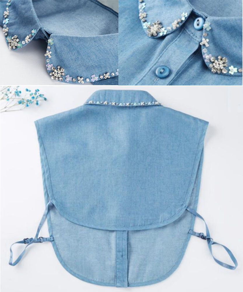 Handmade Beaded Light Blue Denim Detachable Half Shirt Blouse False Collar for Girls Women