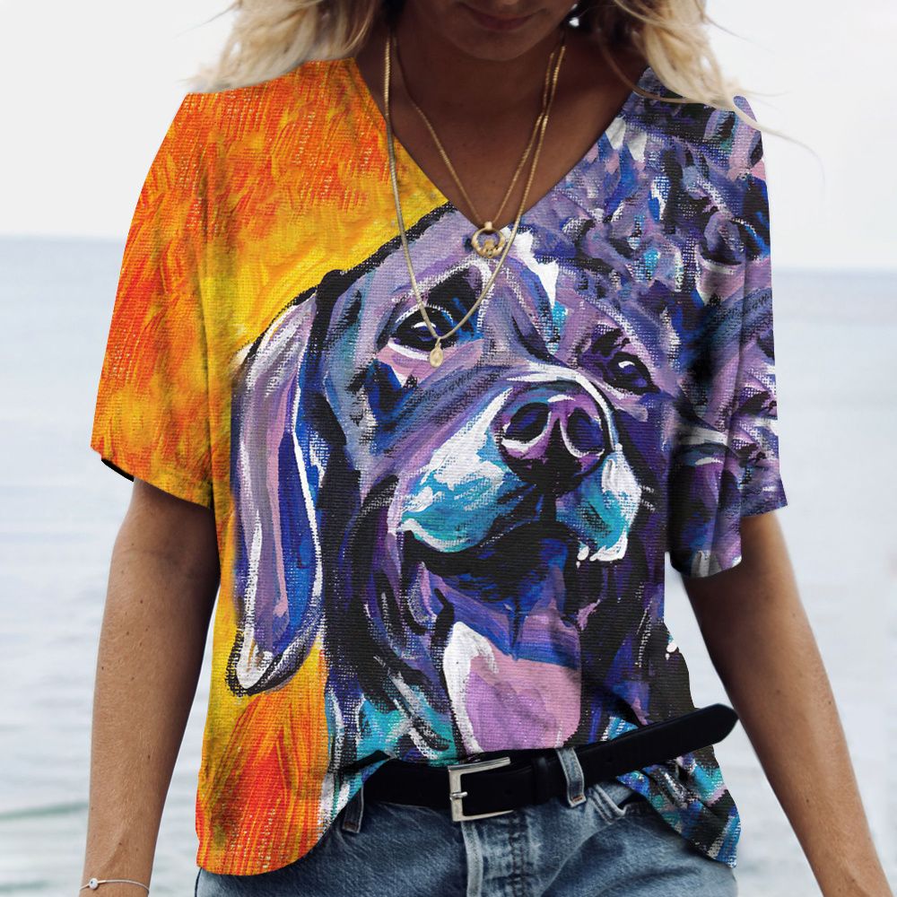 Women's V-neck Top Short Sleeve T-shirts Summer New 3D Cute Dog Print Casual Lovely Harajuku Versatile
