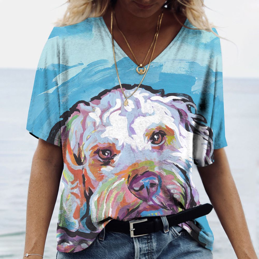 Women's V-neck Top Short Sleeve T-shirts Summer New 3D Cute Dog Print Casual Lovely Harajuku Versatile