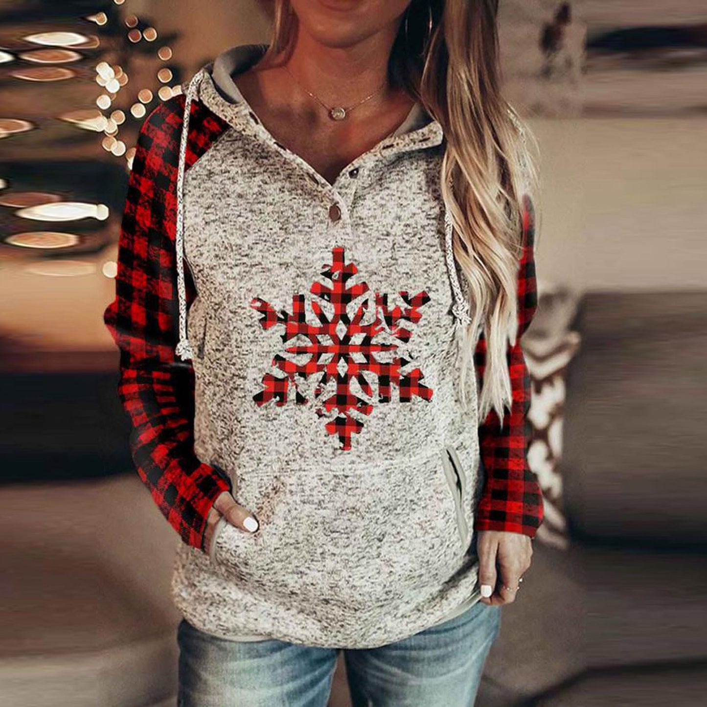 Christmas Women's Sweater Christmas Print Plaid Stitching Hoodie