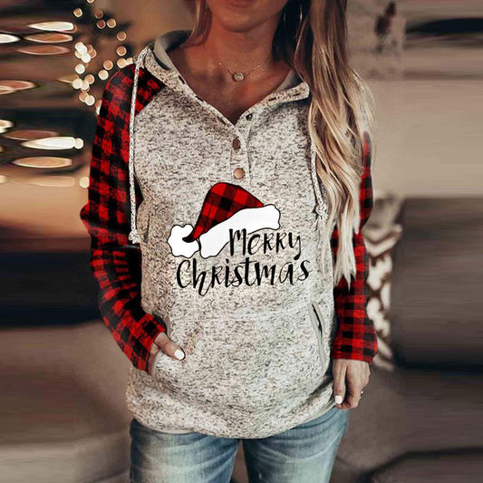 Christmas Women's Sweater Christmas Print Plaid Stitching Hoodie
