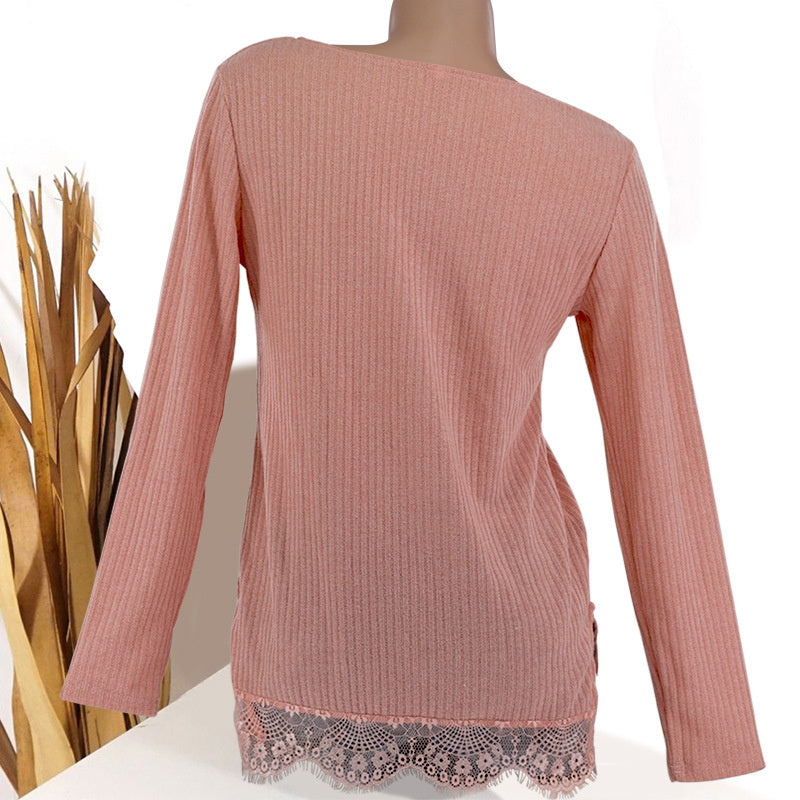 Women's autumn and winter new V-neck lace long-sleeved knit sweater