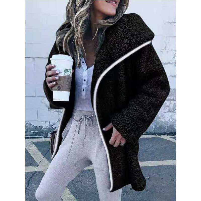 Women Curved Hem Longline Faux Fur Sherpa Fleece Coat