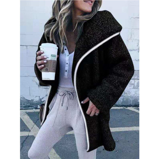 Women Curved Hem Longline Faux Fur Sherpa Fleece Coat