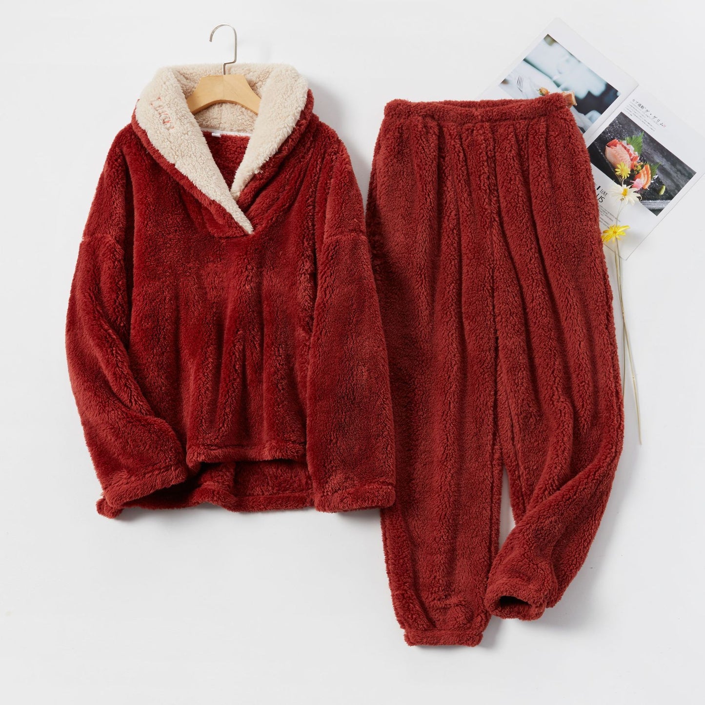 Women's Sherpa Fleece Pajamas Flannel Sleepwear Soft Pajamas Set Warm Loungewear 2 Piece Pjs Se